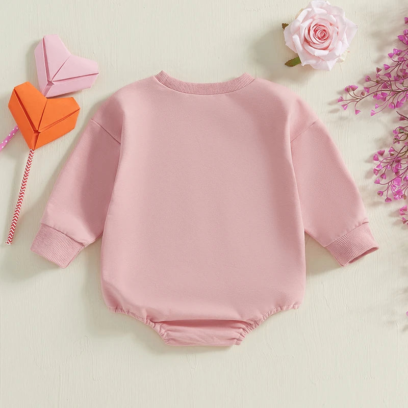 Baby Girls XOXO Bubble Romper Valentine's Day Heart Letters Embroidered Long Sleeve Bodysuit Valentines Jumpsuit