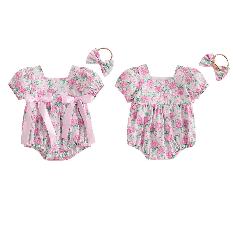 Baby Girls 2Pcs Romper Floral Print Short Sleeve Bodysuit Jumpsuit with Bow Headband Set