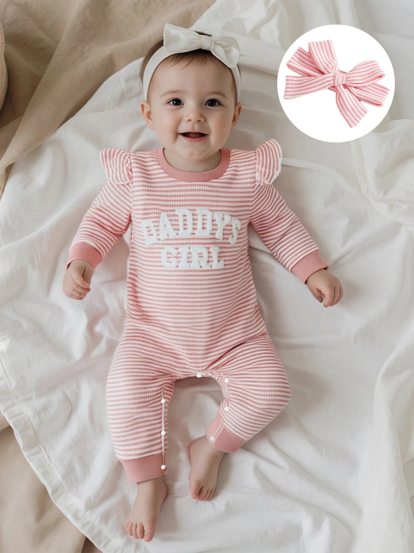 Baby Girls 2Pcs Daddy's Girl Striped Romper Letter Embroidery Ruffled Long Sleeves Jumpsuits and Cute Headband Set