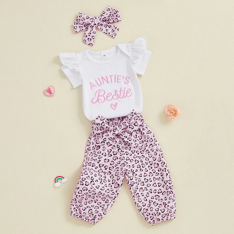 Baby Girls 3Pcs Auntie's Bestie Outfit Short Sleeve Letter Print Romper with Leopard Pattern Print Belted Pants and Headband Set