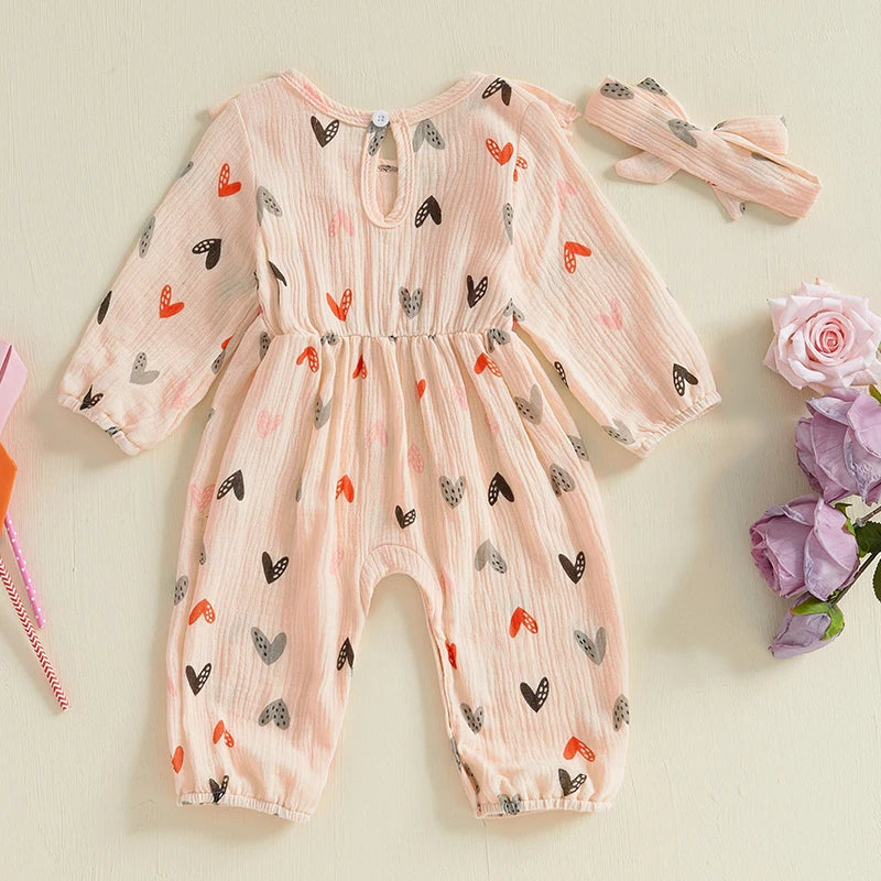 Baby Girls 2Pcs Valentine’s Day Outfit Long Sleeve Heart Print Ruffle Jumpsuit with Headband Set Valentines