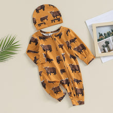 Load image into Gallery viewer, Baby Girl Boy 2Pcs Western Clothes Long Sleeve Cow Print Romper Zipper Jumpsuit Hat Fall Winter Set Outfit
