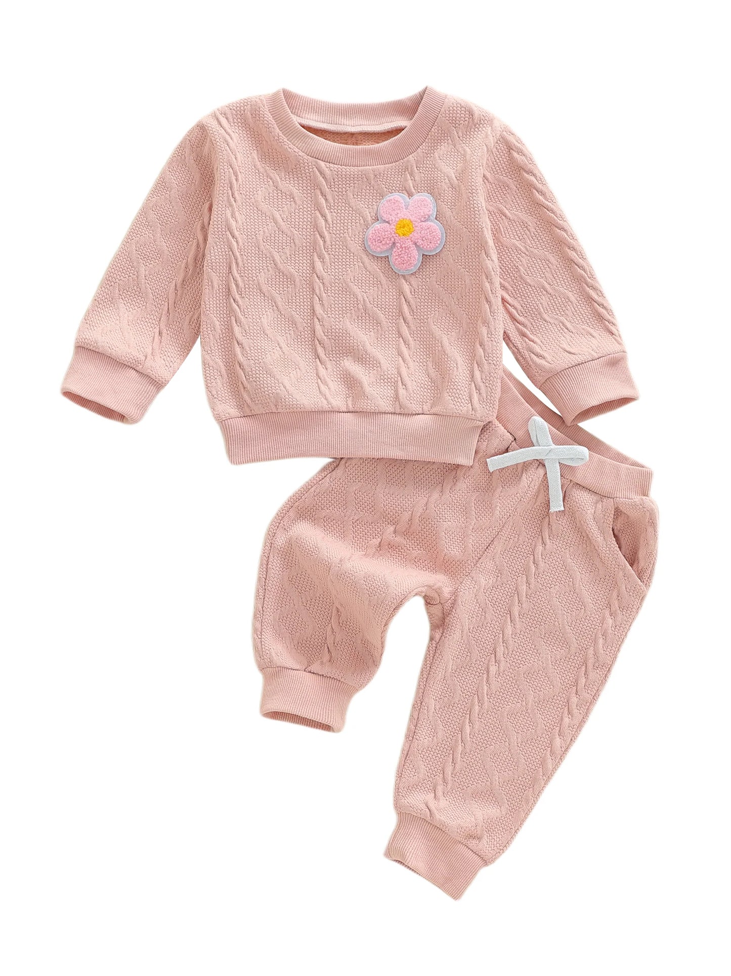 Baby Toddler Girls 2 Piece Outfits Creative Flower Embroidery Long Sleeve Crew Neck Top and Elastic Waist Pants Jogger Set