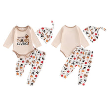 Load image into Gallery viewer, Baby Toddler Boys Girls 3Pcs My First Thanksgiving / Gobble Outfit Letter Turkey Print Long Sleeve Romper Long Pants Hat 3Pcs Clothes Set
