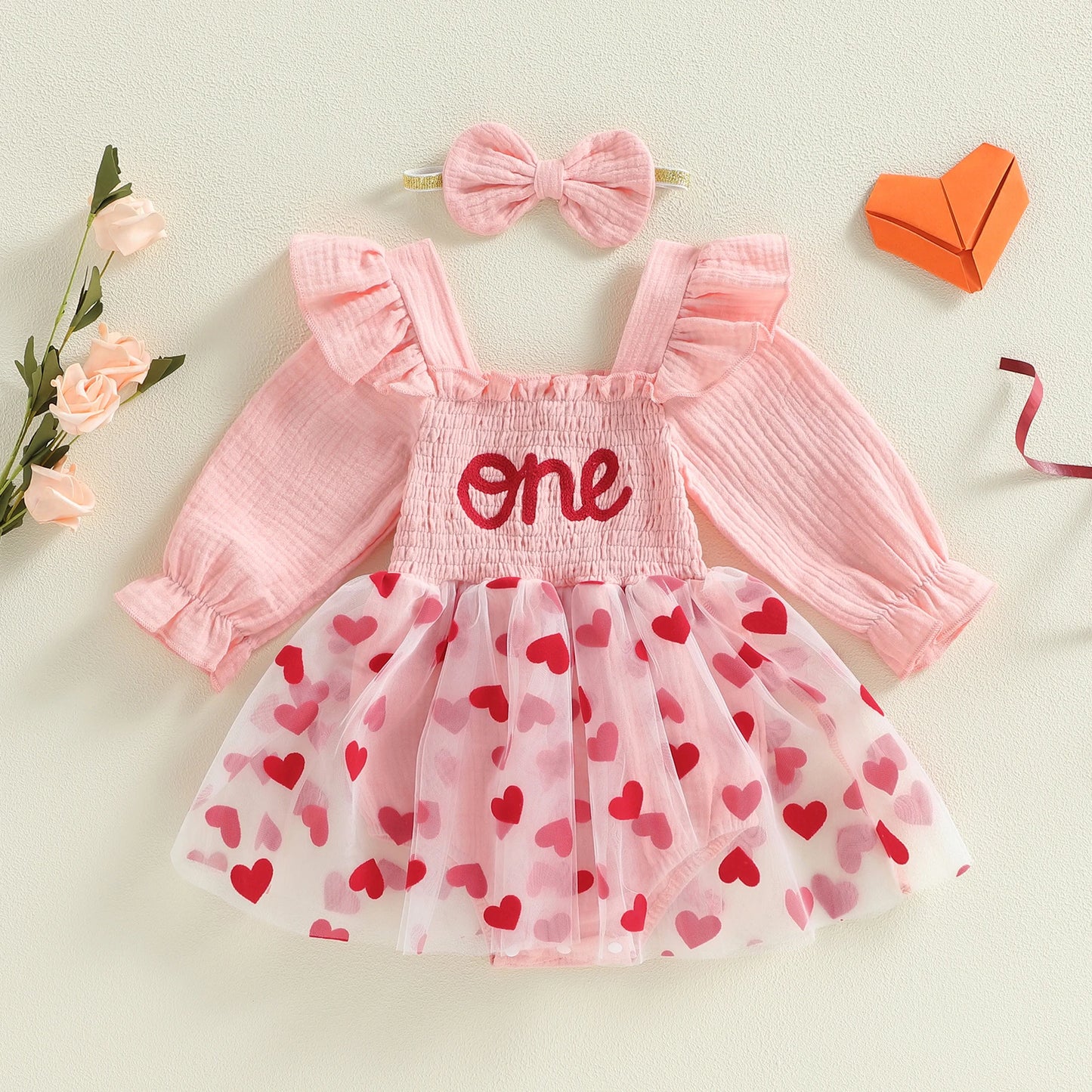 Baby Girl 2Pcs One Long Sleeve Square Neck Heart A-line Heart Tutu Romper Dress with Bowknot Headband Birthday Outfit