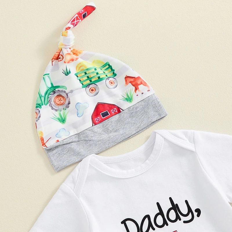 Baby Boys 3Pcs Daddy Let Me Drive Letter Print Short Sleeve Romper Farm Barn Tractor Print Long Pants Hat Outfit Set