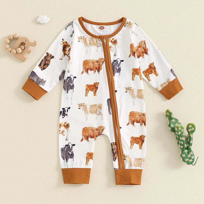 Baby Boys Girls Jumpsuit Long Sleeve Highland Cow Horse Print Fall Zipper Romper