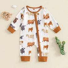 Load image into Gallery viewer, Baby Boys Girls Jumpsuit Long Sleeve Highland Cow Horse Print Fall Zipper Romper
