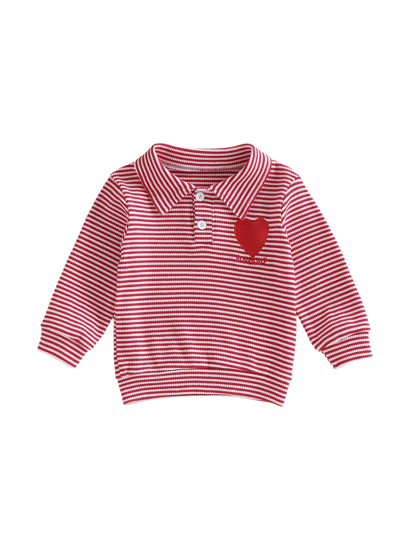 Baby Toddler Valentine's Day Long Sleeve Turn-down Collar Striped Embroidery Heart Top