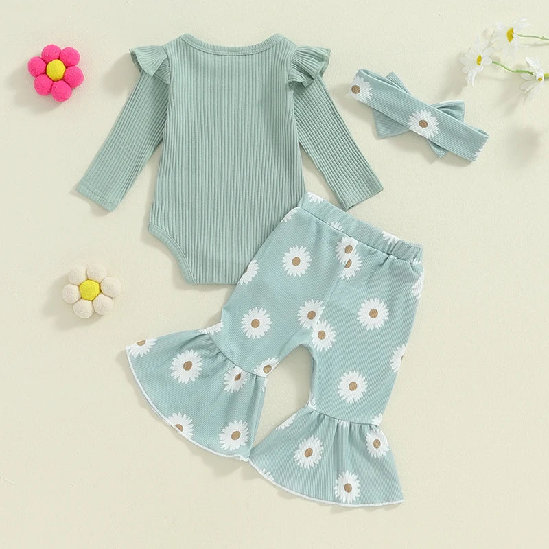 Baby Girls 3Pcs Auntie Is My Bestie Fall Outfit Letter Print Long Sleeve Romper and Elastic Daisy Flower Flared Pants Headband Set