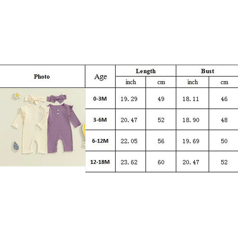 Baby Girls 2Pcs Romper Solid Color Ribbed Buttons Crew Neck Long Sleeve Jumpsuits Fall Bodysuit with Headband Set