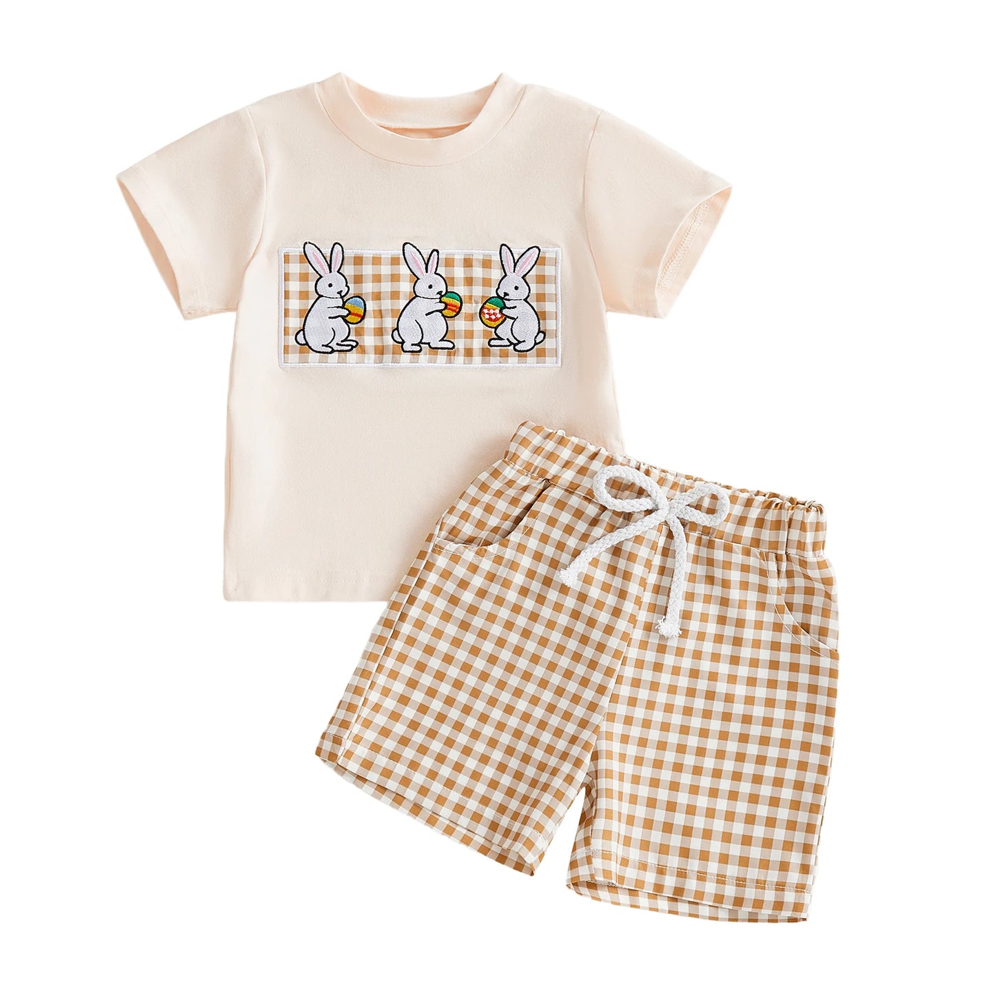Baby Toddler Boys 2Pcs Easter Outfit Short Sleeve Round Neck Rabbit Embroidery Top and Plaid Shorts Set