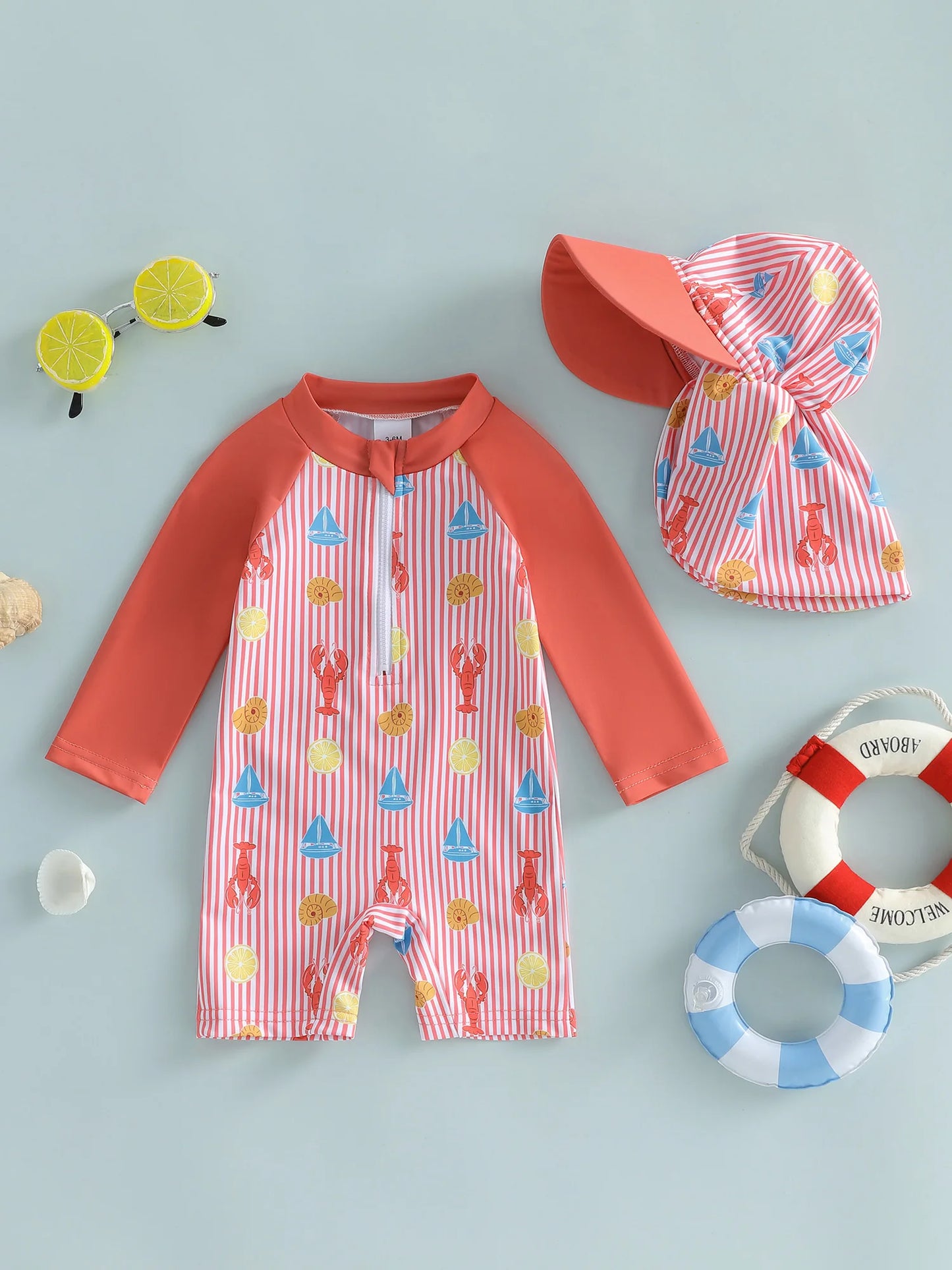 Baby Toddler Boy 2Pcs Rash Guard Swimsuit Shrimp Print Long Sleeves Front Zipper Striped Bathing Suit with Hat Set