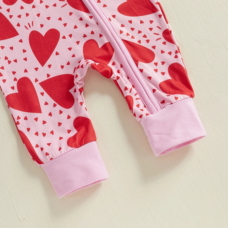 Baby Girl Valentine's Day Romper Heart Tractor Print Zipper Front Long Sleeve Full Length Valentines Jumpsuit