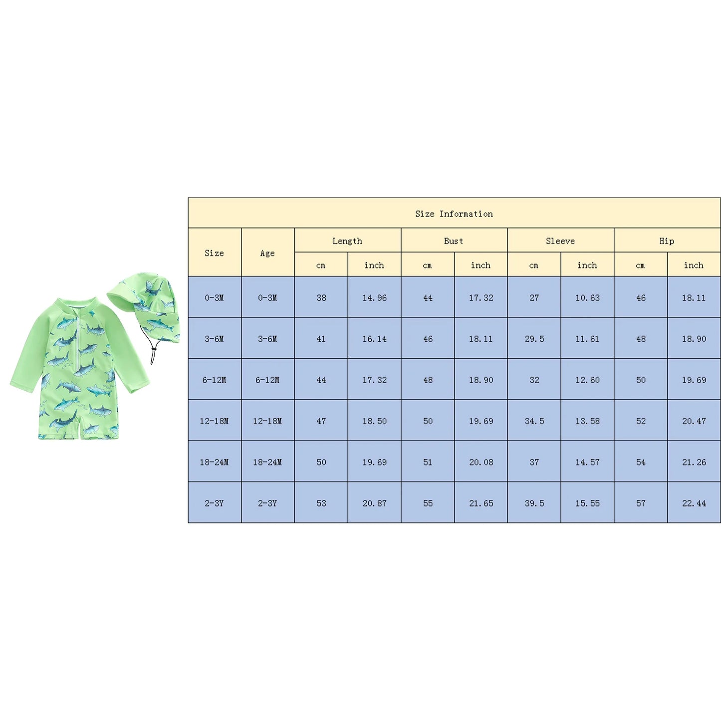 Baby Toddler Boys 2Pcs Casual Shark Print Zipper Long Sleeve Bathing Suit Romper with Swim Cap Set