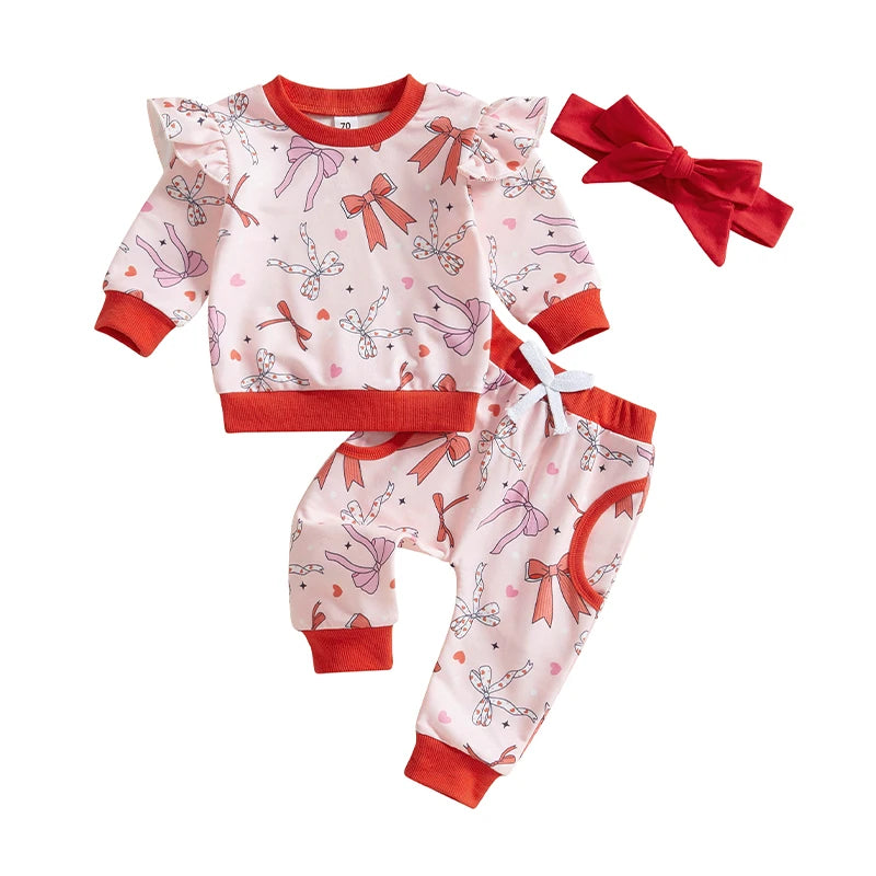 Baby Toddler Girls 3Pcs Valentine's Day Outfit Bow Heart Print Long Sleeve Crewneck Top with Pants Headband Jogger Set