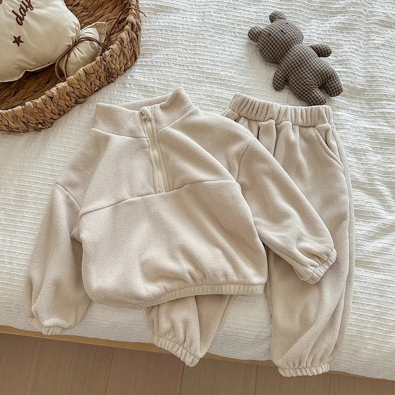 Toddler Kid Boy Girl 2Pcs Clothes Set Fleece Pullover Top Pant Suit Casual Warm Thick Winter Two Piece Jogger Set