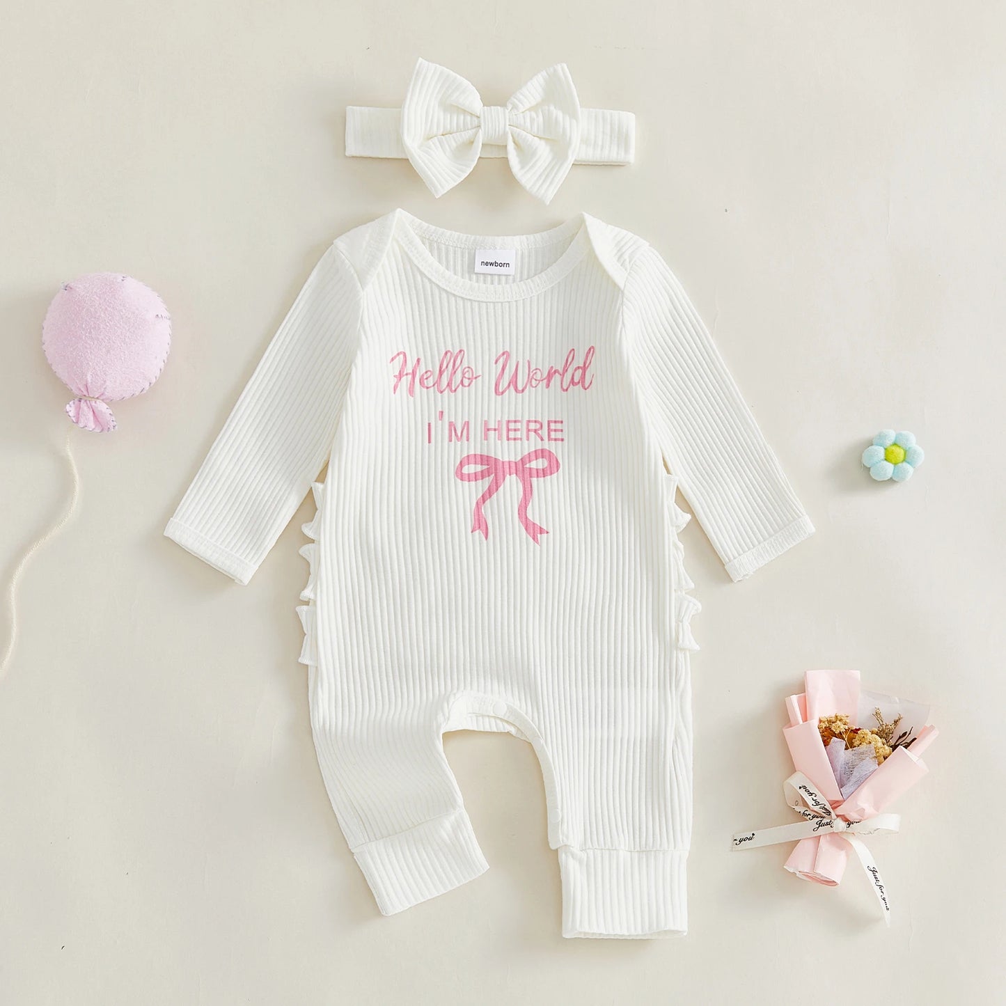Baby Girl 2Pcs Hello World I'm Here Outfit Long Sleeve Crew Neck Letters Bow Print Romper with Bow Headband Set