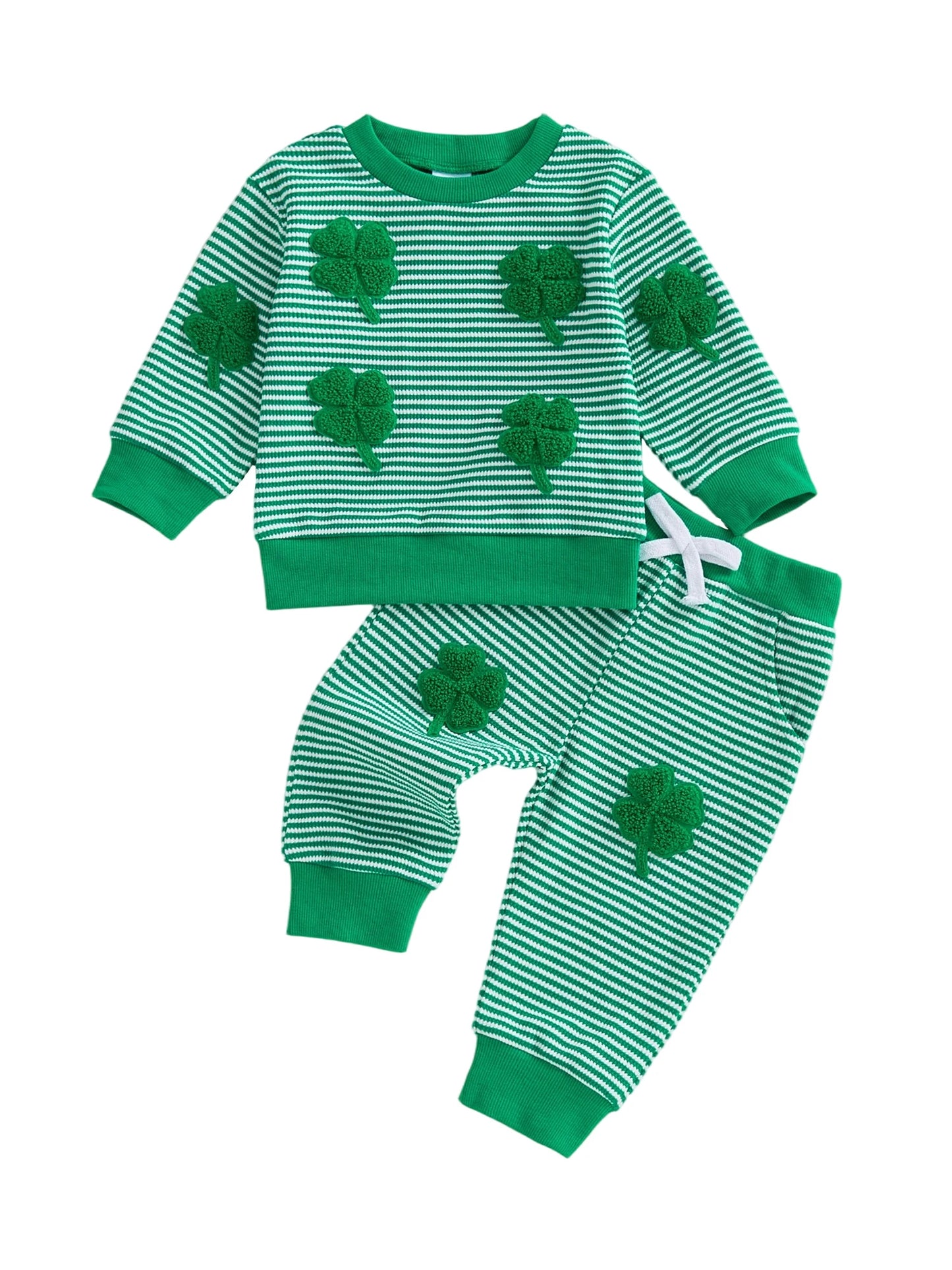 Baby Toddler Boy 2Pcs Spring Outfit Four-Leaf Clover Embroidery Long Sleeve O-Neck Pullover + Elastic Waist Stripe Pants St. Patrick's Day Jogger Set