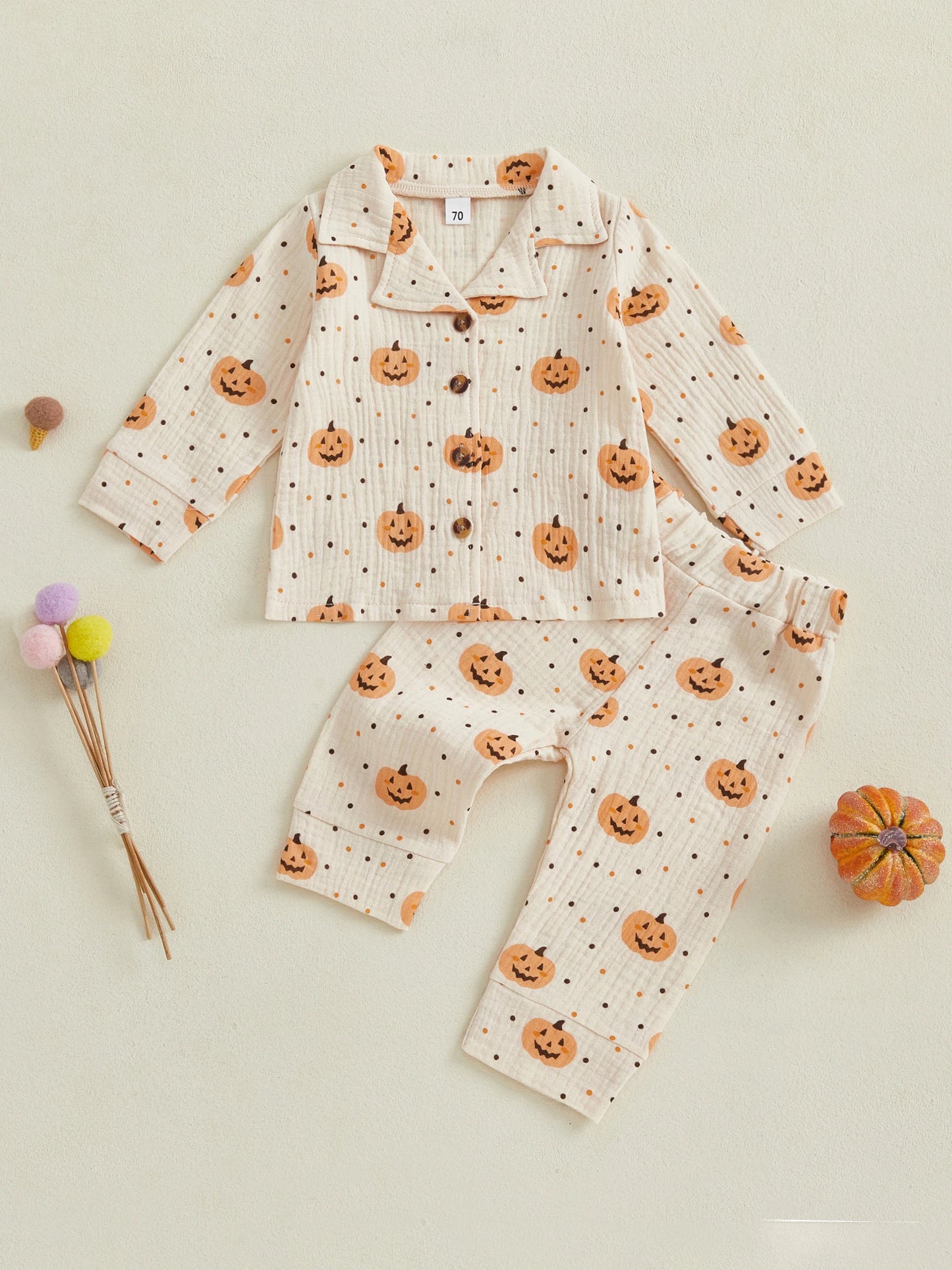 Baby Toddler Boys Girls 2Pcs Halloween Outfit Pumpkin Print Long Sleeve Shirt + Pants Set Loungewear