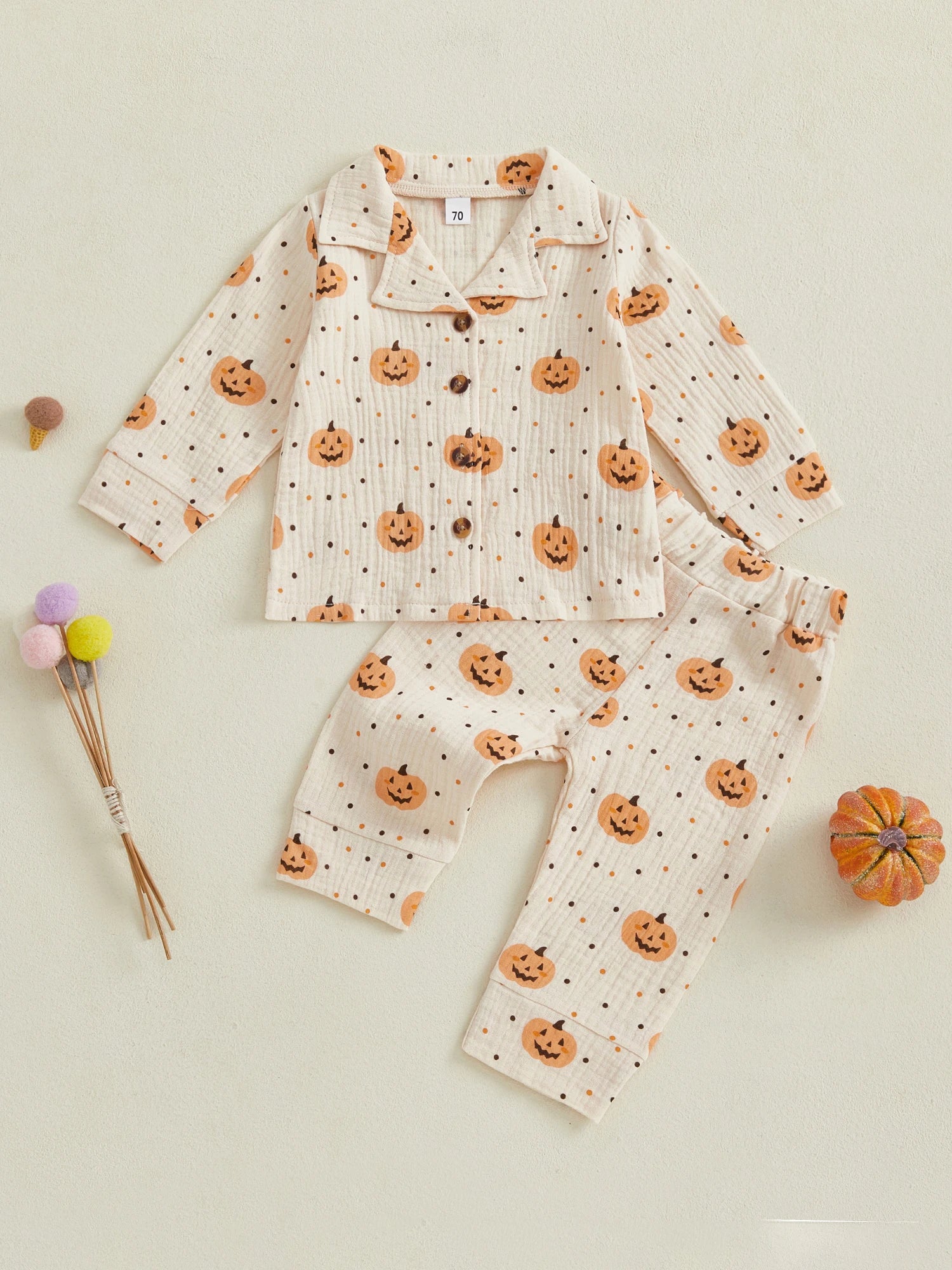 Baby Toddler Boys Girls 2Pcs Halloween Outfit Pumpkin Print Long Sleeve Shirt + Pants Set Loungewear