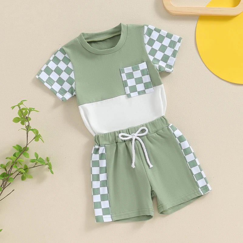 Baby Toddler Boys 2Pcs Summer Short Sleeve Checkerboard Print Top Drawstring Shorts Set Outfit