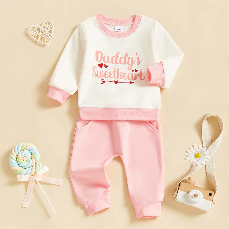 Baby Toddler Girls 2Pcs Little Dude Big Heart / Daddy's Sweetheart Outfit Letter Heart Print Long Sleeve Crewneck Top with Solid Color Pants Valentines Jogger Set Valentine's Day