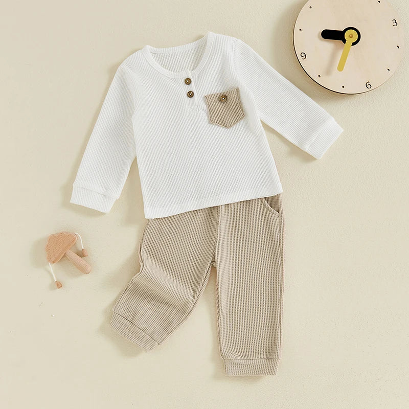 Baby Toddler Boy 2Pcs Outfit Long Sleeve Waffle Pocket Button Top + Pants Set