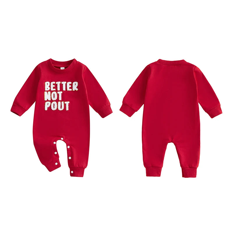 Baby Boys Girls Christmas Jumpsuit Better Not Pout Letter Embroidered Long Sleeve Romper Jumpsuit