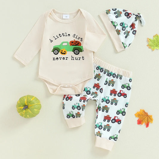 Baby Boys 3Pcs A Little Dirt Never Hurt Outfit Pumpkin Long Sleeve Romper Tractor Pattern Pants Hat Clothes Set