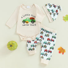 Load image into Gallery viewer, Baby Boys 3Pcs A Little Dirt Never Hurt Outfit Pumpkin Long Sleeve Romper Tractor Pattern Pants Hat Clothes Set
