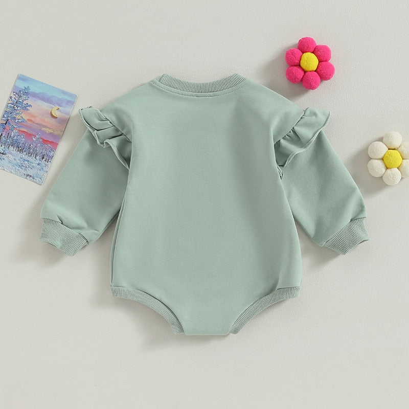 Baby Boy Girl Bodysuit Ruffle Long Sleeve Round Neck Solid Color Jumpsuit Romper