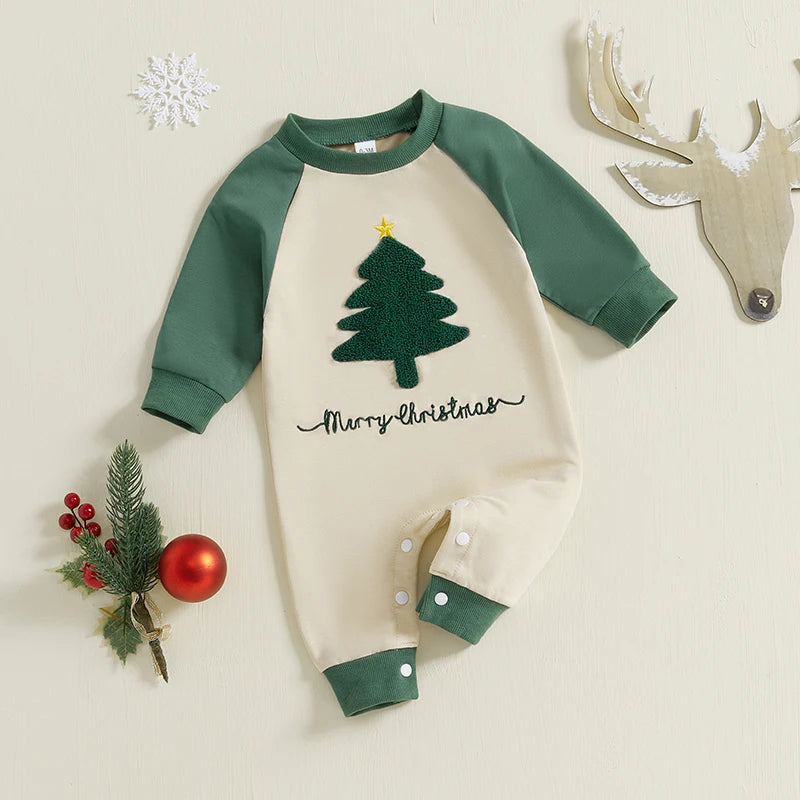 Baby Boy Merry Christmas Jumpsuit Christmas Tree Letter Embroidered Round Neck Raglan Long Sleeve Romper