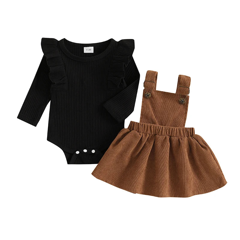 Baby Girl 2Pcs Fall Outfit Solid Ruffled Long Sleeve Crew Neck Romper with Corduroy Suspender Skirt 2Pcs Set