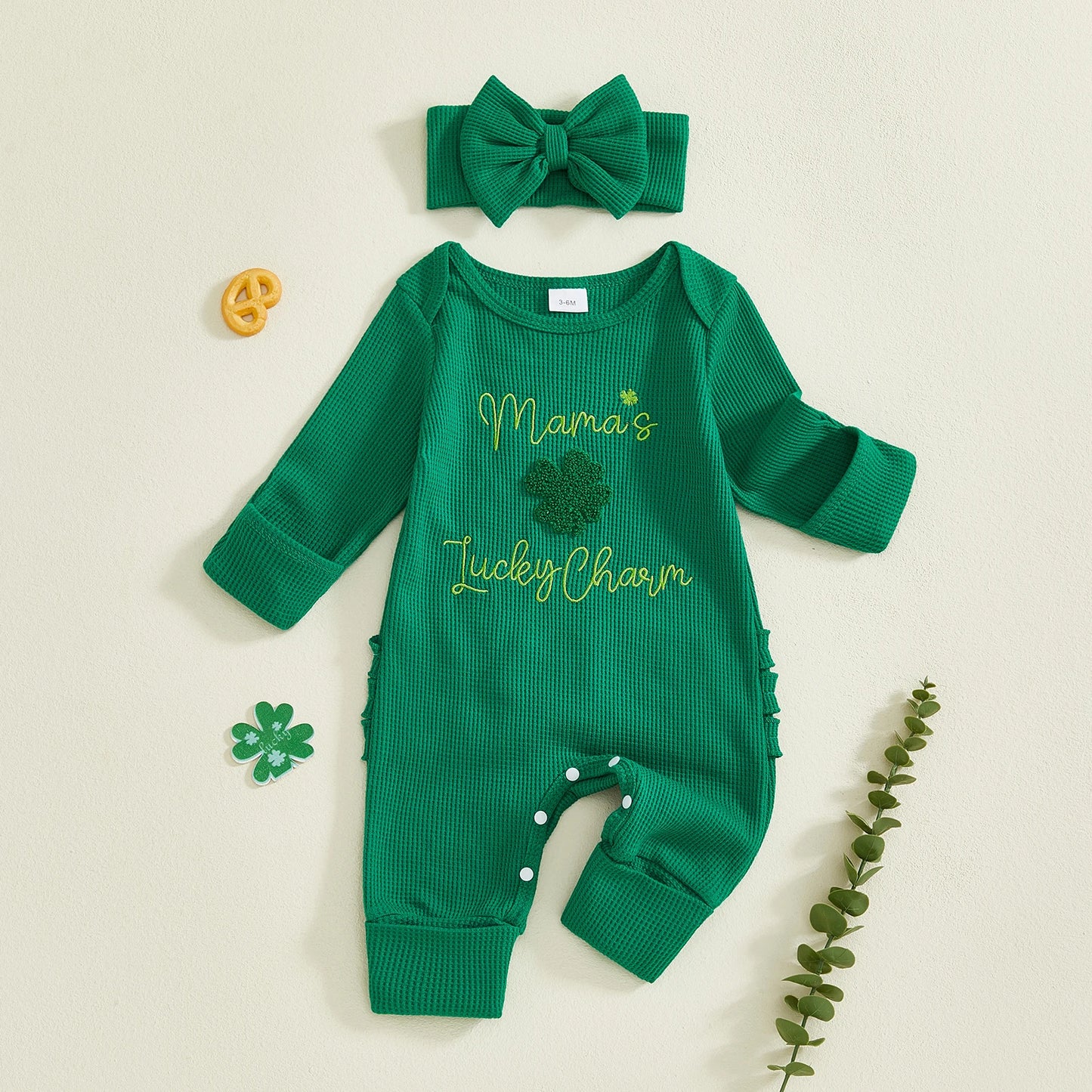 Baby Girl 2Pcs My First St. Patrick's Day Spring Romper Long Sleeve O Neck Letter Clover Embroidery Jumpsuit with Headband Set