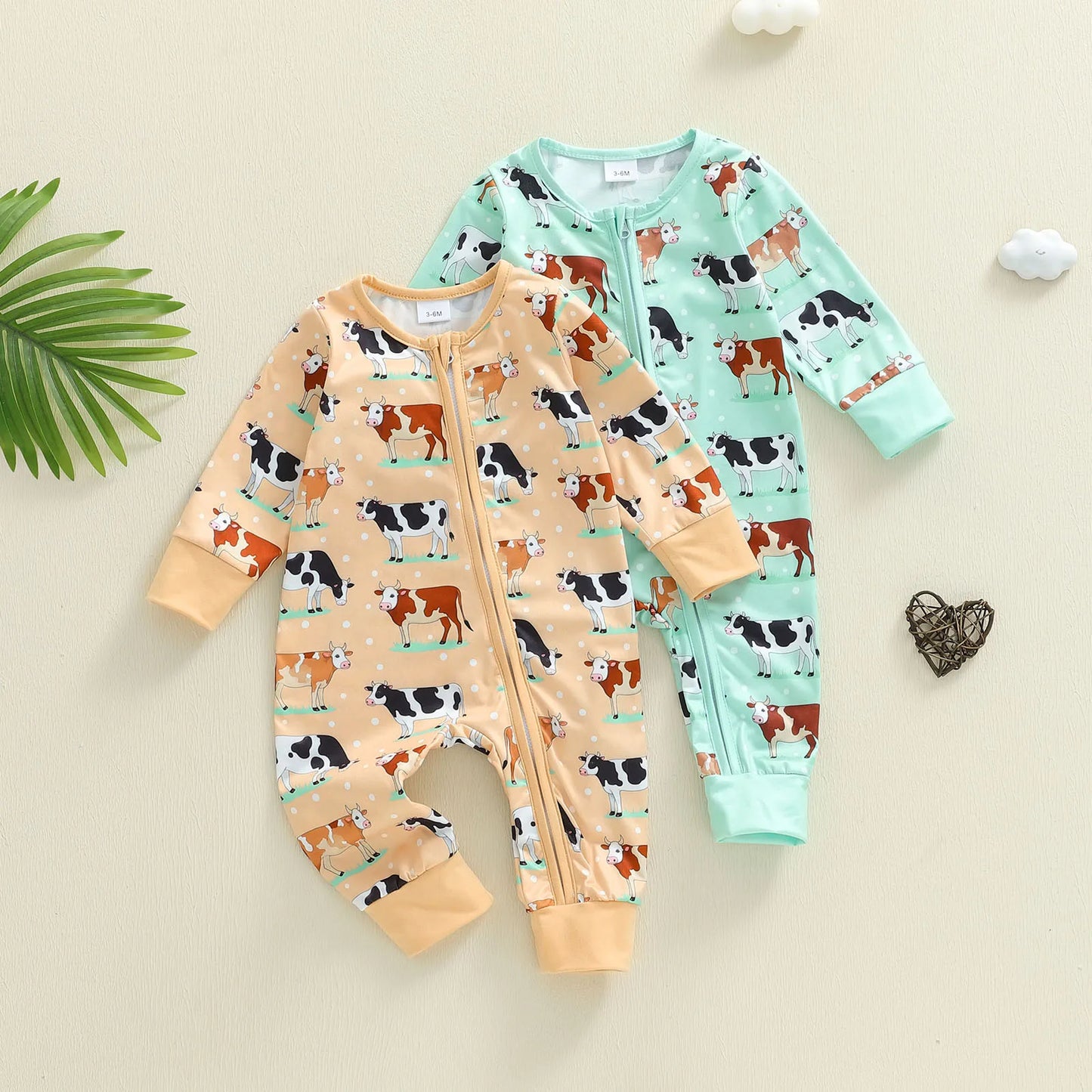 Baby Boy Girl Cow Printed Romper Fashionable Round Neck Long Sleeve Fall Spring Zipper Jumpsuits