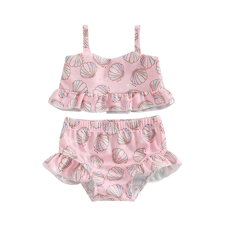 Baby Toddler Girls 2Pcs Bikini Sets Scale/Shell/Floral Print Sleeveless Tank Top and Bottoms Bathing Suit Set