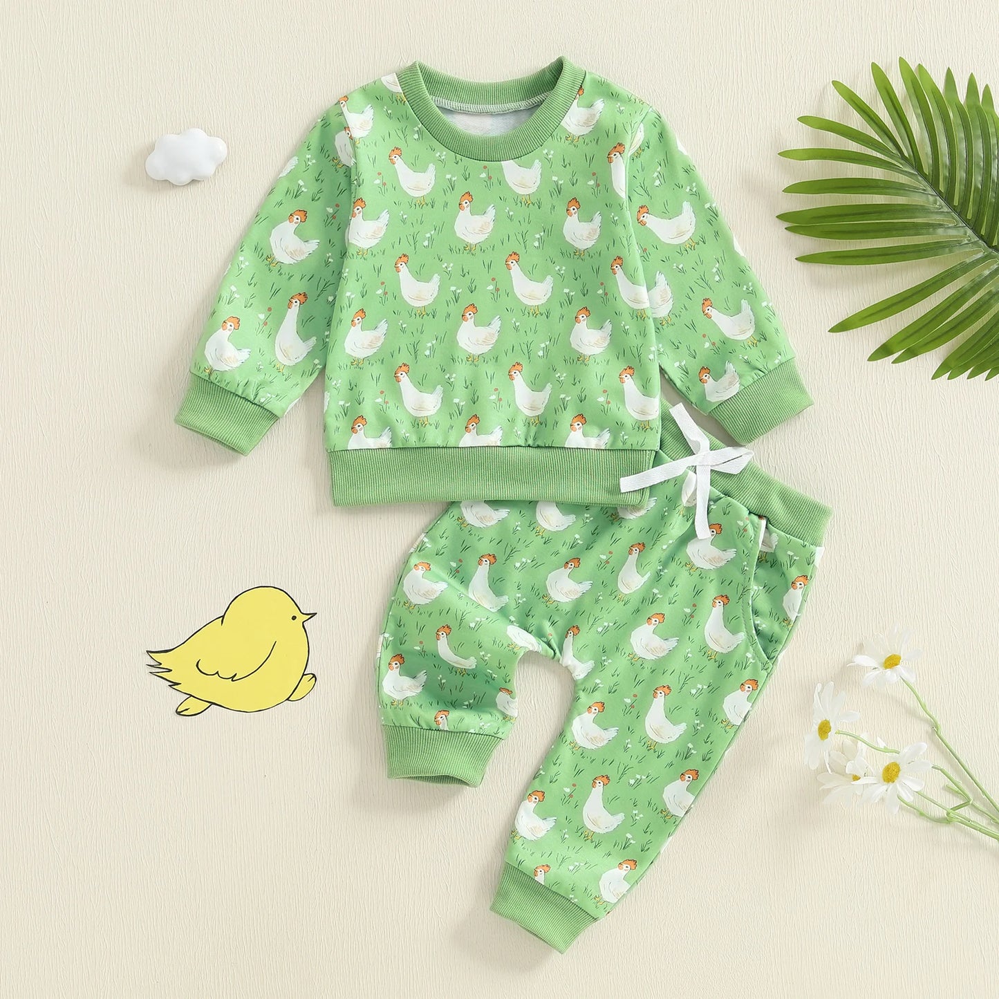 Baby Toddler Boys Girls 2Pcs Fall Outfit Long Sleeve Farm Chicken Print Top Jogger Pants Set