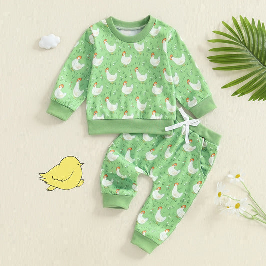 Baby Toddler Boys Girls 2Pcs Fall Outfit Long Sleeve Farm Chicken Print Top Jogger Pants Set