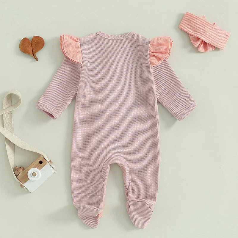 Baby Girls 2Pcs Outfit Long Sleeve Crew Neck Frills Zipper Romper Contrast Color Footies and Headband Set