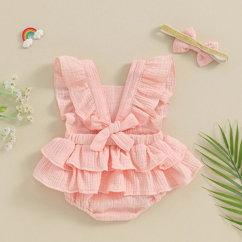 Baby Girls 2Pcs Romper Dress Solid Color Fly Sleeve Skirt Hem Tank Top Bodysuit Summer Clothes with Headband Set