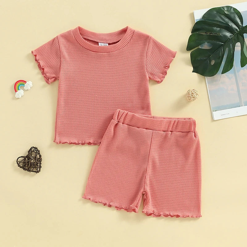 Baby Toddler Kids Girls 2Pcs Shorts Set Short Sleeve Crew Neck Top Frill Sleeves with Elastic Waist Shorts Summer Waffle Outfit