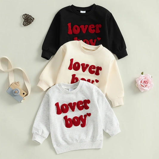 Baby Toddler Boys Valentine's Day Long Sleeve Crew Neck Lover Boy Letter Heart Embroidery Pullover Winter Top