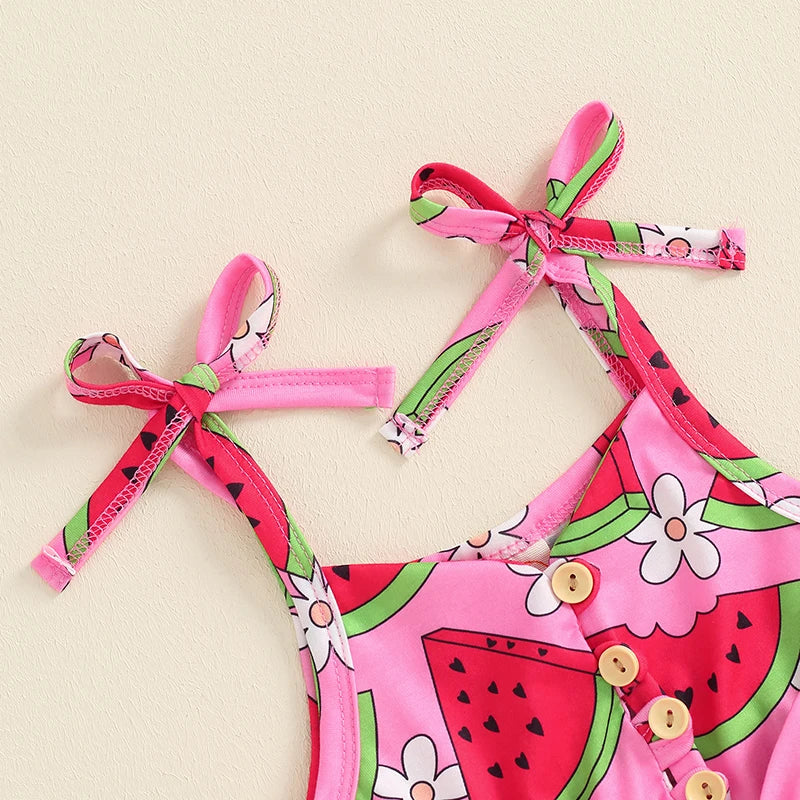 Baby Toddler Kids Girl Summer Jumpsuit Sleeveless Tie Strap Watermelon Print Belted Romper Shorts