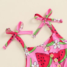 Load image into Gallery viewer, Baby Toddler Kids Girl Summer Jumpsuit Sleeveless Tie Strap Watermelon Print Belted Romper Shorts
