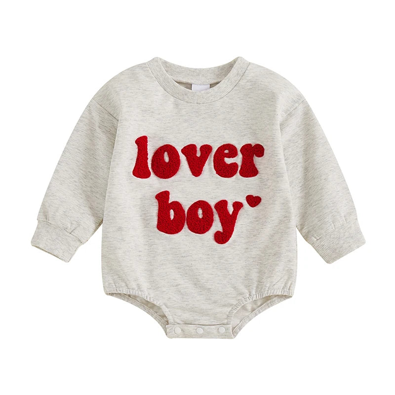 Baby Boys Lover Boy Valentine's Day Bubble Romper Long Sleeve O-Neck Embroidery Letters Valentines Bodysuit