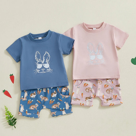 Baby Toddler Boys Girls 2Pcs Easter Outfit Bunny Rabbit Short Sleeve Shirt Spring Cute Clothes Shorts Set