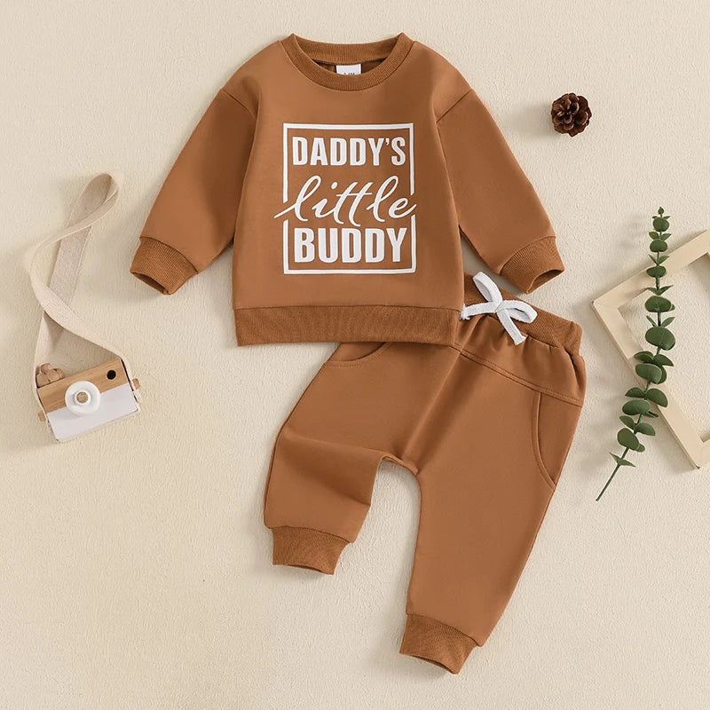 Baby Toddler Boys 2Pcs Daddy's Little Buddy Jogger Set Long Sleeve Letters Print Top with Elastic Waist Pants Outfit