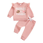 Baby Toddler Girls 2Pcs Fall Outfit Huddle & Cuddles Long Sleeve Bow Football Print Top + Pants Jogger Set Clothes