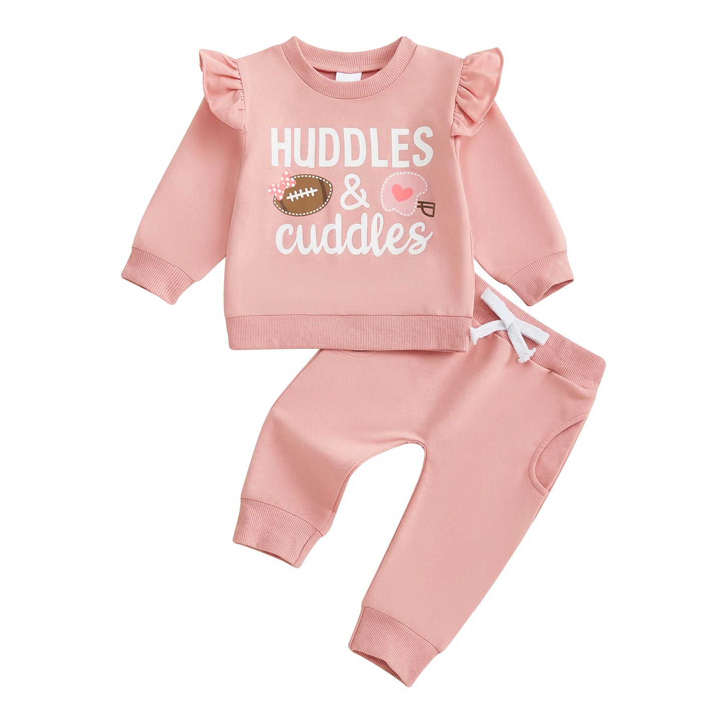 Baby Toddler Girls 2Pcs Fall Outfit Huddle & Cuddles Long Sleeve Bow Football Print Top + Pants Jogger Set Clothes